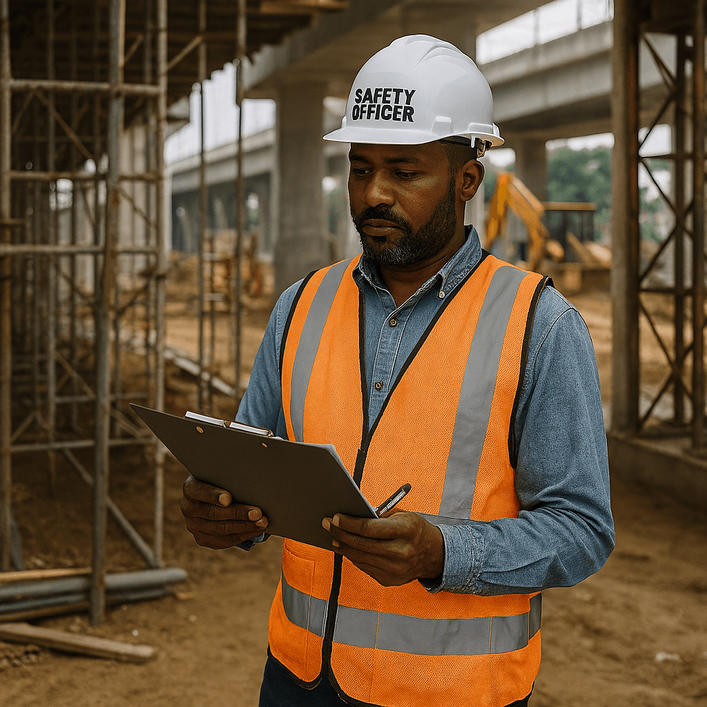 Safety officer inspecting construction site hazards